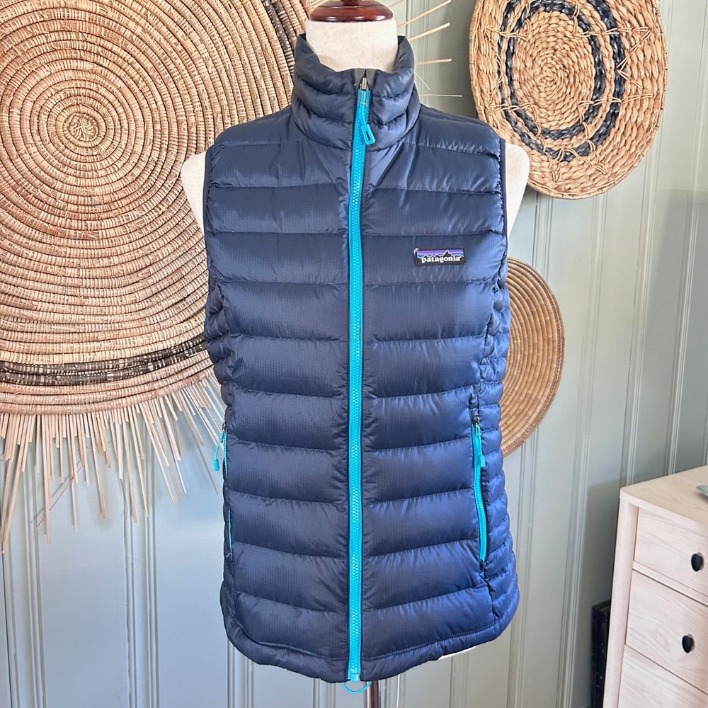 Patagonia Women's Small Down Vest Navy Blue Turquoise Full Zip Puffer